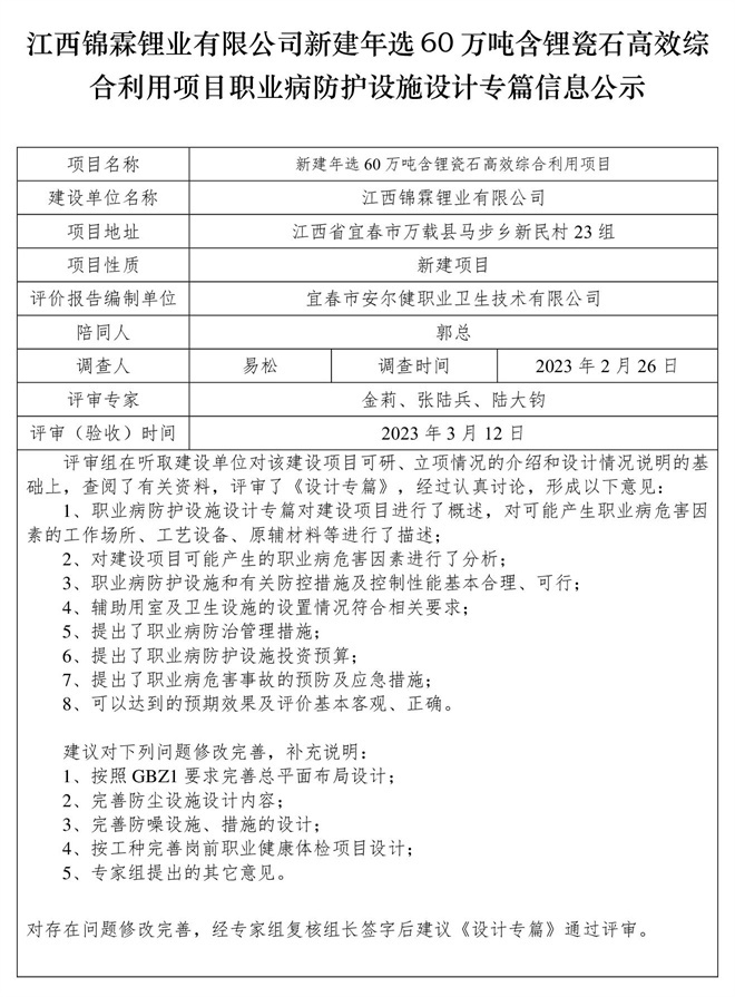 江西錦霖鋰業(yè)有限公司新建年選60萬(wàn)噸含鋰瓷石高效綜合利用項(xiàng)目職業(yè)病防護(hù)設(shè)施設(shè)計(jì)專篇信息公示.jpg