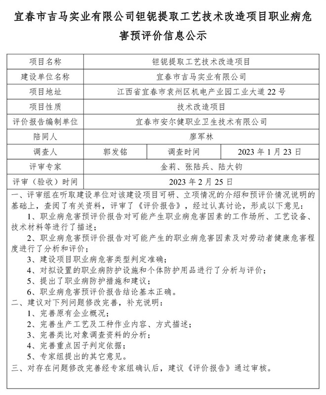 宜春市吉馬實業(yè)有限公司鉭鈮提取工藝技術(shù)改造項目職業(yè)病危害預評價信息公示.jpg