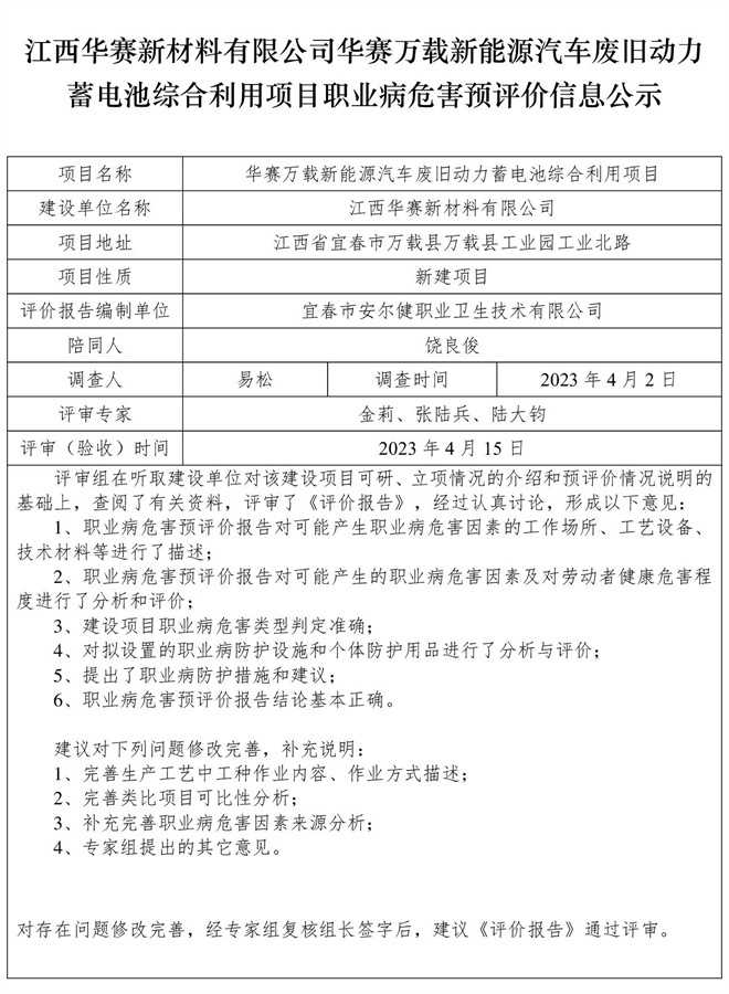 江西華賽新材料有限公司華賽萬載新能源汽車廢舊動(dòng)力蓄電池綜合利用項(xiàng)目職業(yè)病危害預(yù)評價(jià)信息公示.jpg