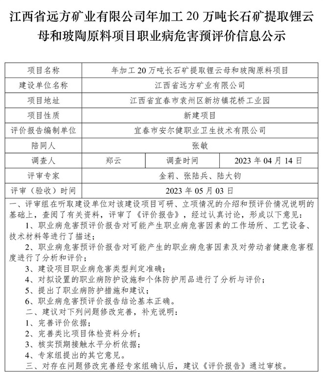 （預(yù)評價信息公示）江西省遠方礦業(yè)有限公司年加工20萬噸長石礦提取鋰云母和玻陶原料項目職業(yè)病危害.jpg